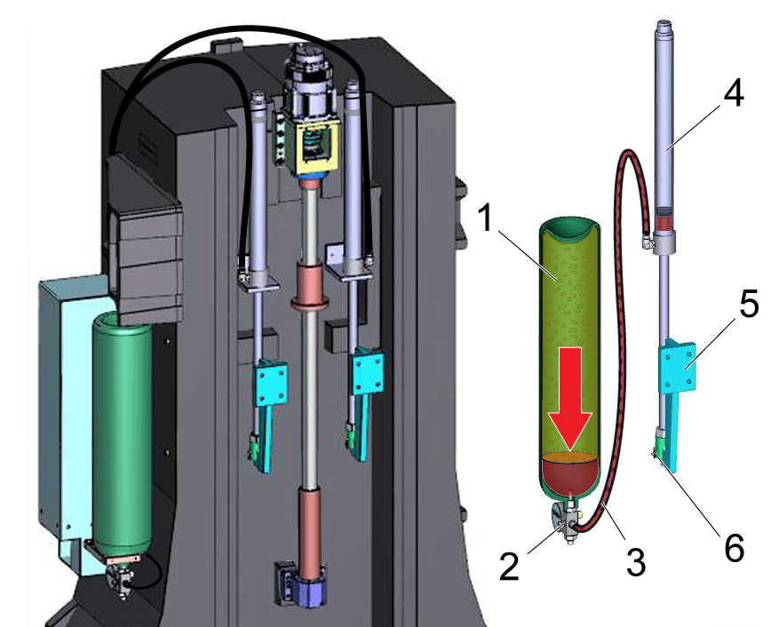 Haas counterbalance system with cylinder, piston, and hydraulic lines.