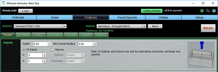 Machining settings interface with input fields and options for configuring estimates, details, and more.