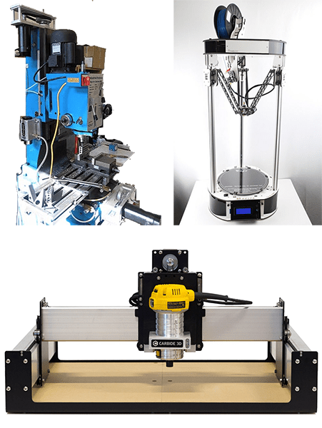 Three distinct 3D printing machines in various designs and configurations.