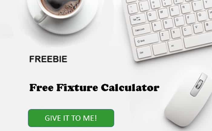 White background with office supplies, green "GIVE IT TO ME!" button, black text "FREEBIE" and "Free Fixture Calculator".