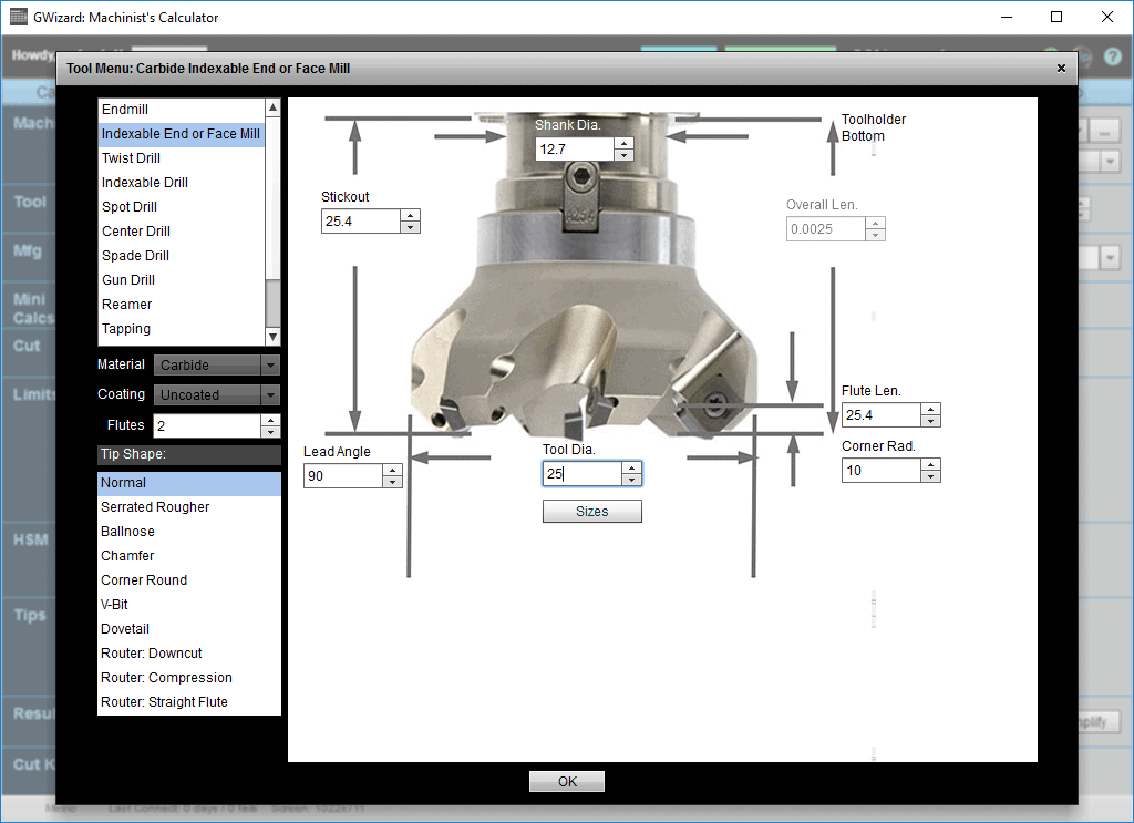 Machining tool menu screenshot with carbide indexable end mill diagram.
