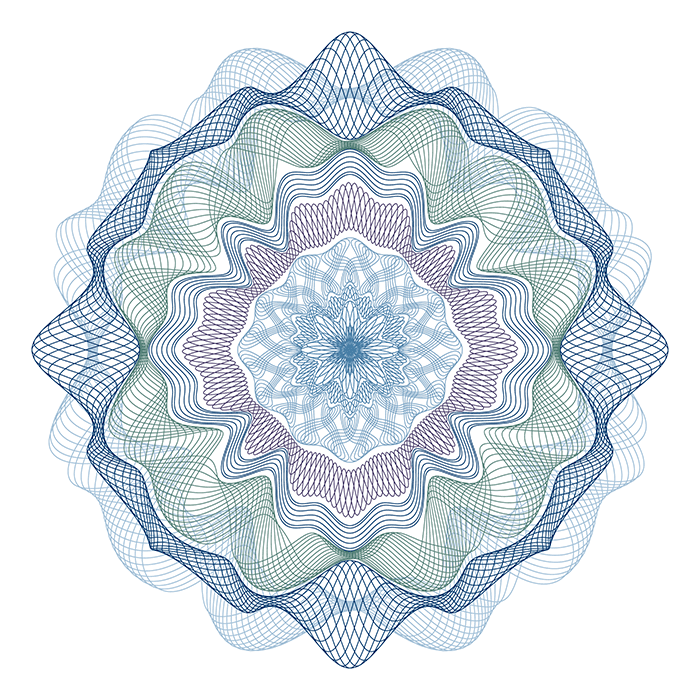 Vibrant mandala design with blue, green, and purple shapes on a white background.