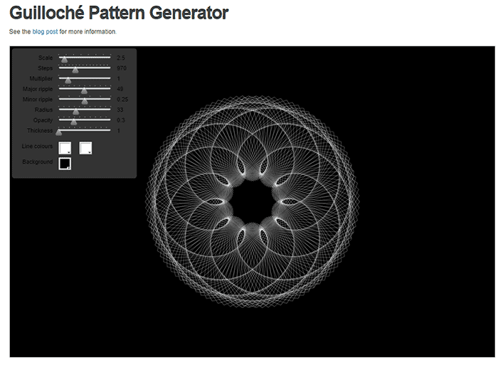 Geometric pattern generator tool with circular design and intricate lines on a dark gray background.