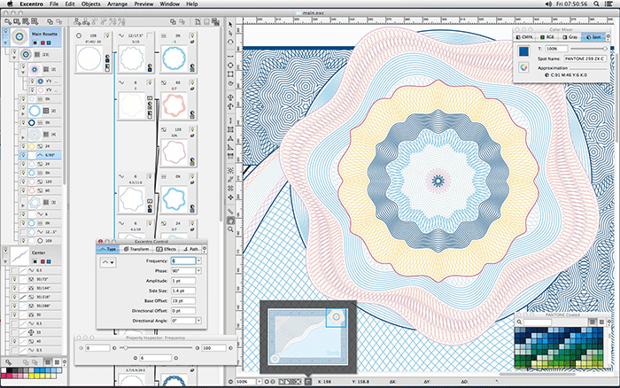 Adobe Illustrator Creative Cloud interface with vibrant graphic design project in progress featuring intricate water-inspired patterns.