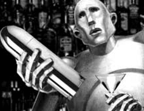 Bald humanoid robot with outstretched arm, blank expression.