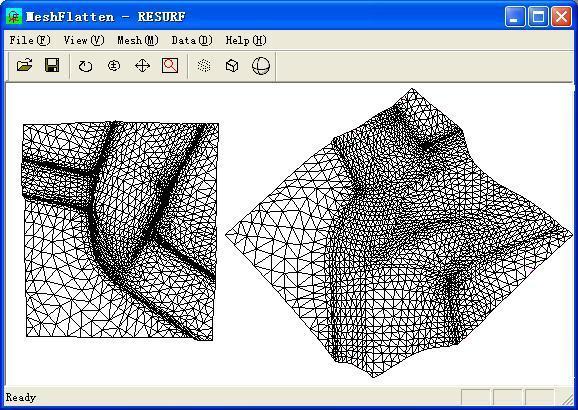 MeshFlatten software interface with two 3D mesh models: square-shaped and irregularly shaped meshes.