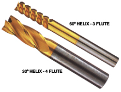 Two end mills with helical flutes, one at 30 degrees, the other at 60 degrees.