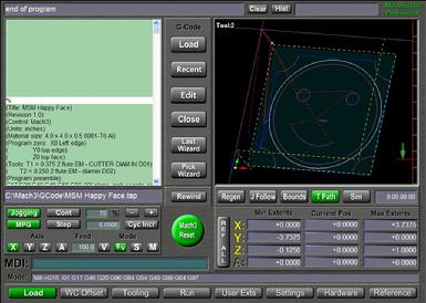 Mach3 G-Code editor software screenshot with green screen and various buttons and menus.