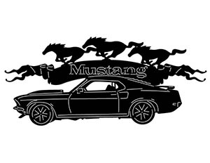 A black silhouette of a 1969 Ford Mustang with three galloping horses above it and the text "Mustang" on its roof.