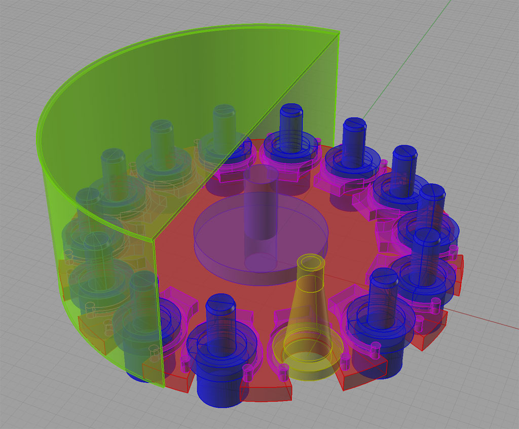 Mechanical component in 3D rendering, multiple cylindrical parts arranged circularly within green semi-transparent enclosure.