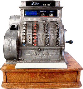 Antique cash register with wooden base and ornate metal design.