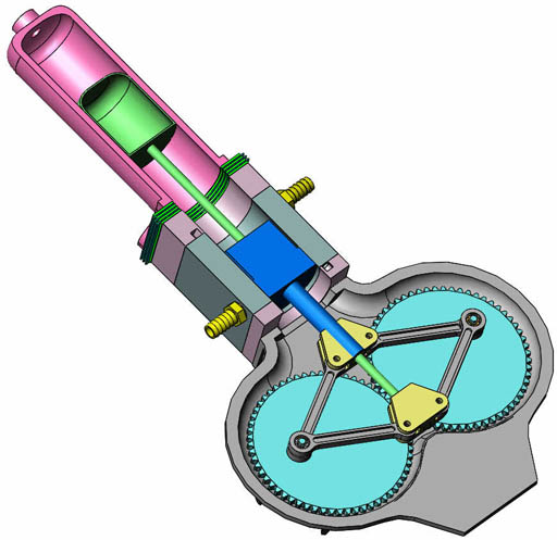 3D illustration of a Stirling engine with highlighted internal components.