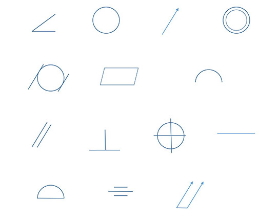 Geometric shapes including circles, squares, lines, and arrows outlined in blue on a white background.