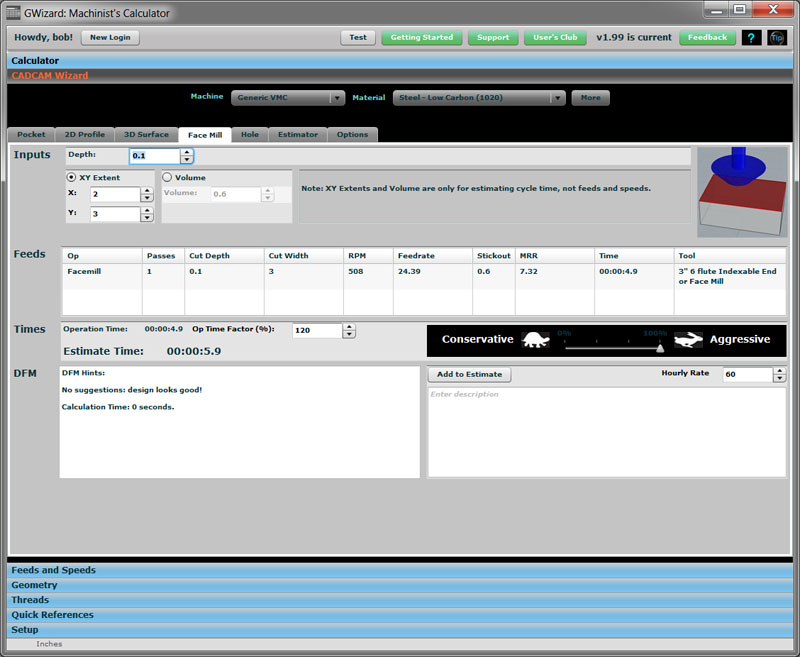 CADCAM Wizard for Face Milling on CNCCookbook.com, featuring blue banner, gray grid, black buttons, and drop-down menus.
