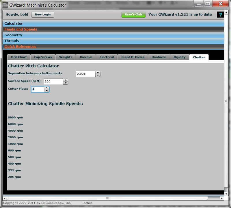 A calculator tool for determining optimal chatter pitch on CNCCookbook website.