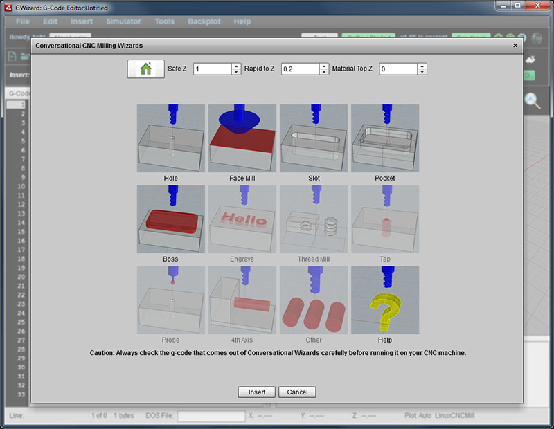 Conversational CNC Milling Wizards tool screenshot with 16 machining operation icons.