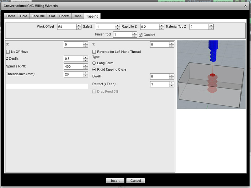 Conversational CNC Tapping interface screenshot on CNCCookbook website.