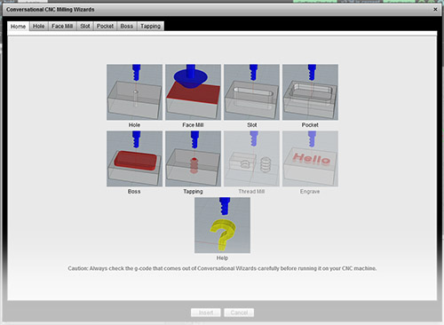 Conversational Wizard interface with machining tools.