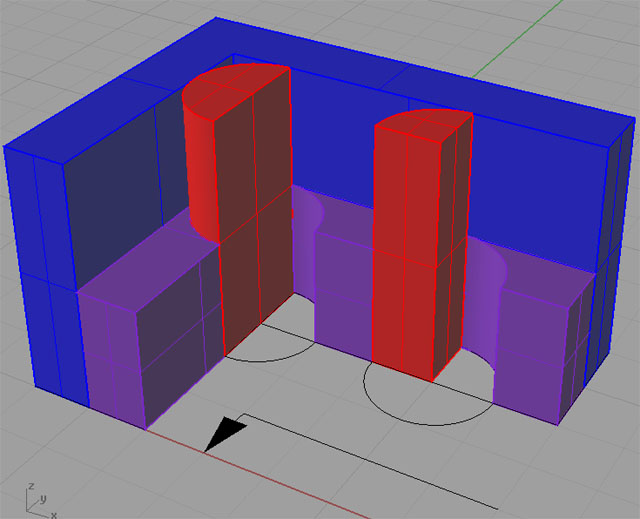 3D model of a cutting tool engagement area. Red cutting tool, blue workpiece, and gray CAD grid.