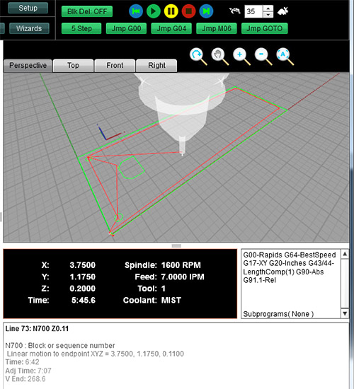 A screenshot of a computer program displaying a 3D machining model with tools and menus.