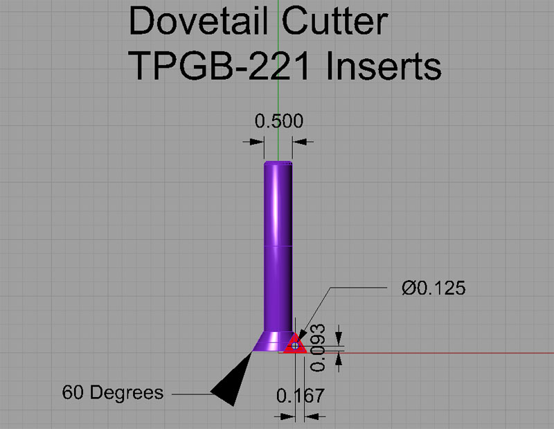 A technical illustration of a dovetail cutter TPGB-221 insert.