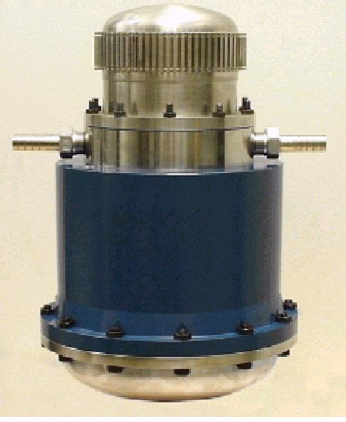 Metal cylinder with blue base, silver top, and small black bolts.