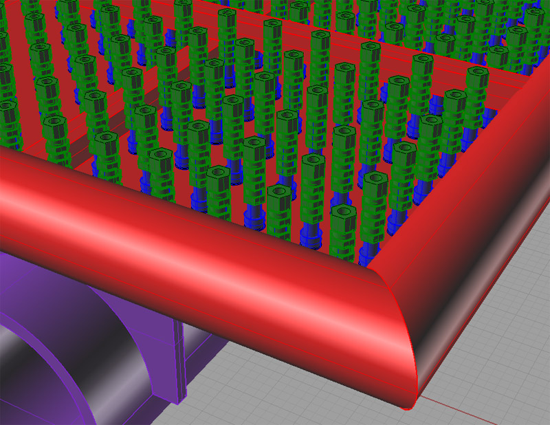 Red frame with cylindrical inserts, gray background, green and blue accents.