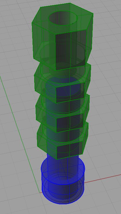 A 3D CAD model of a threaded insert with a hexagonal head rendered in green and blue on a gray background.