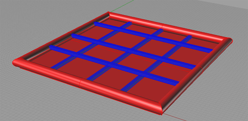 Red rectangular frame with rounded corners, featuring a blue grid pattern on a gray background.