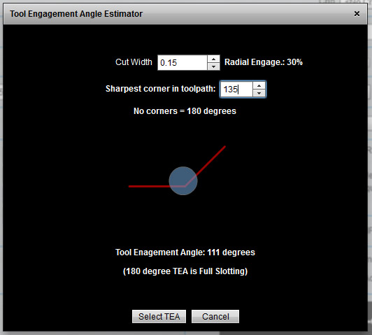 Gray background with white text and icons, including slider bar and dropdown menu, calculating Tool Engagement Angle (TEA) in machining.