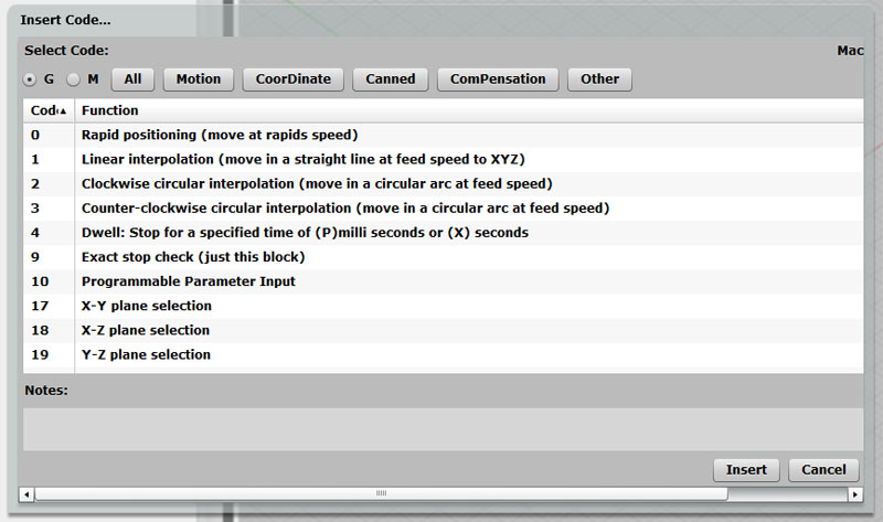Screenshot of G-Code Wizard tool listing machine function codes.