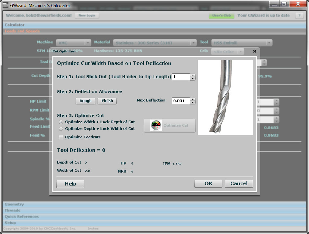 Machining calculator GWizard Cut Optimizer settings with tool stick out and deflection allowance options.