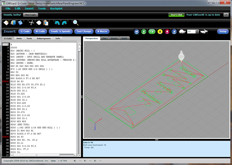G-code editor software screenshot with machine part illustration.