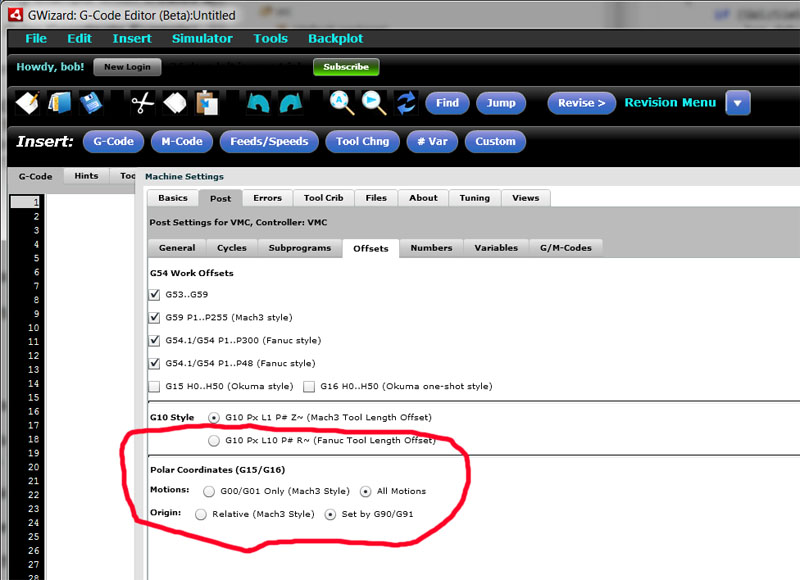 Gray background with white text, GWizard Editor's polar coordinates settings, menu options and settings table.