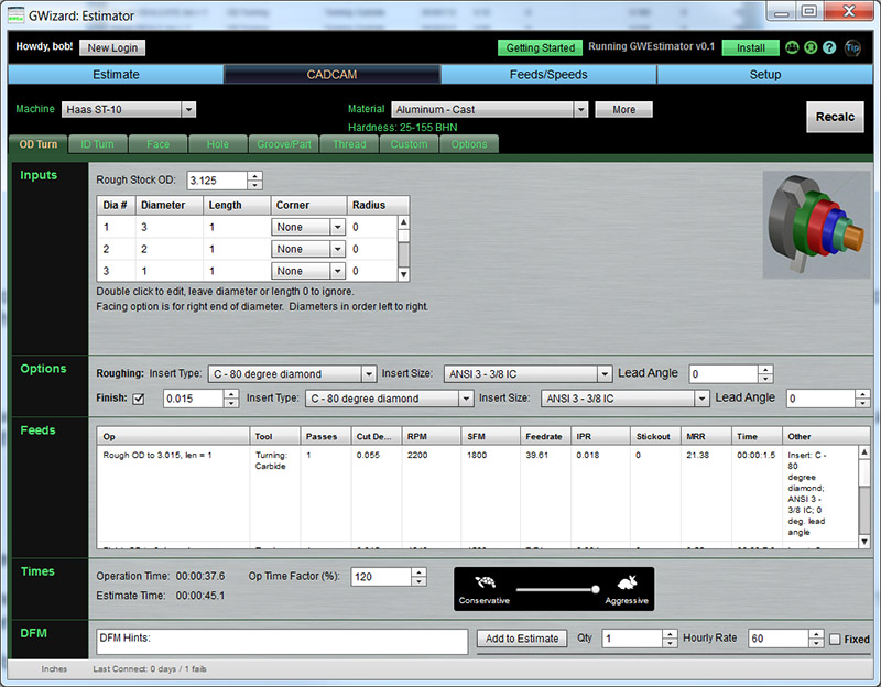 Computer screen displaying CAD/CAM estimation software interface.
