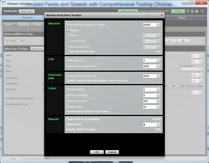 Machine tool cost estimator calculator screenshot with input fields.