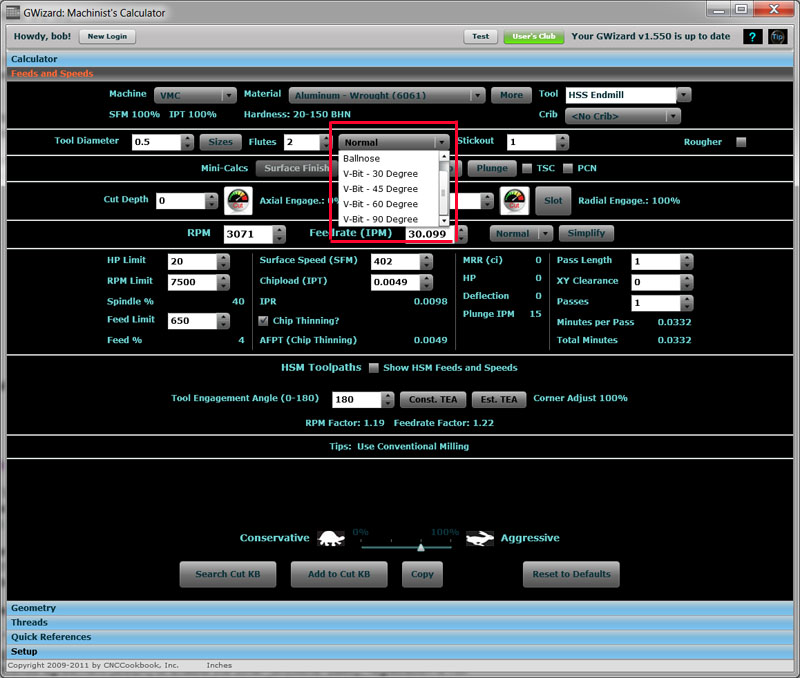 GWizard Machinist's Calculator Screenshot with tabs and input fields.