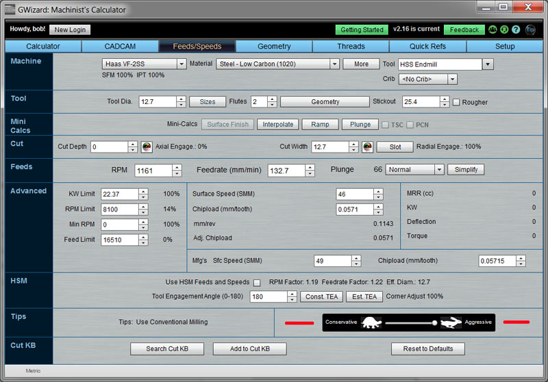 Calculator interface for machining calculations with tabs and input fields.