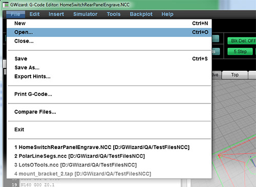 A computer screen displaying GWizard: G-Code Editor with menu options including "Print G-Code...".