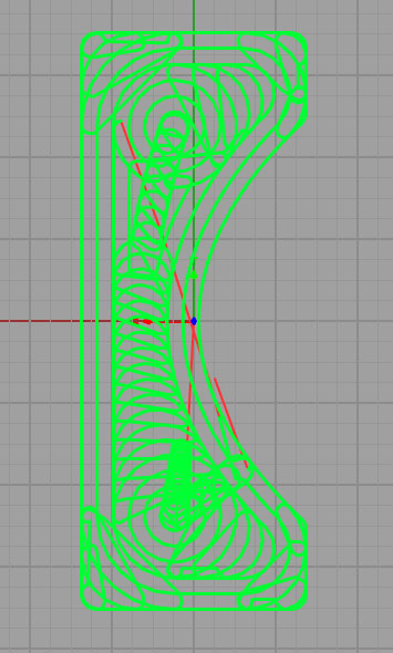 A green outline of a symmetrical, rounded rectangular shape with a curved top on a grid background.