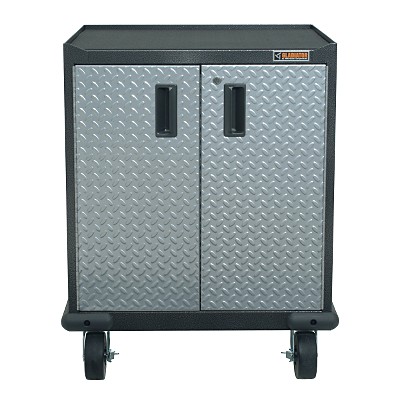 Black metal cabinet with diamond plate finish, two doors, handles, wheels, and industrial design.