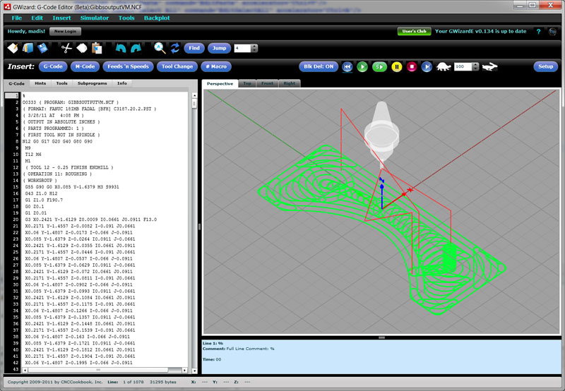 GWizard G-Code Editor software screenshot with code viewer and 3D model display.