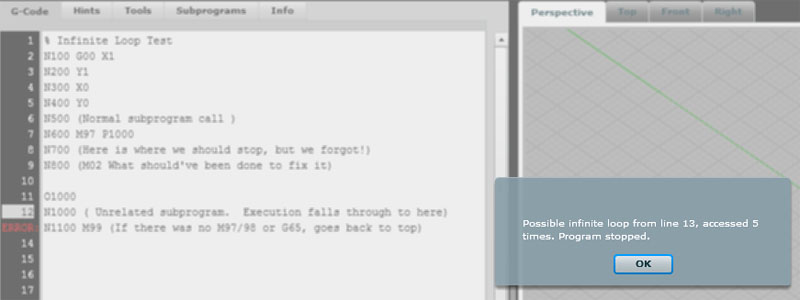 G-code editor with infinite loop error message and pop-up box displaying additional information.