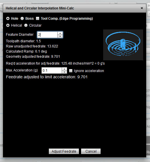 Computer screen with Helical and Circular Interpolation Mini-Calc tool.