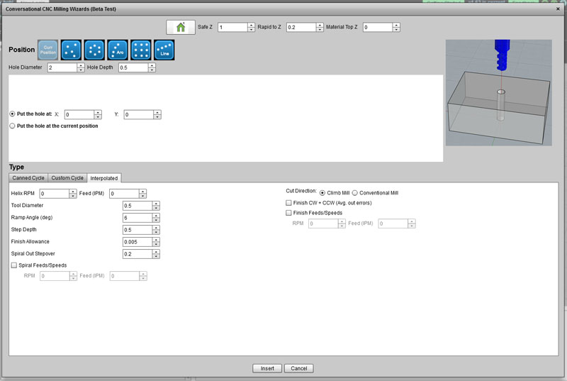 CNC CookBook interpolation wizard screenshot with tabs and input fields for parameters.