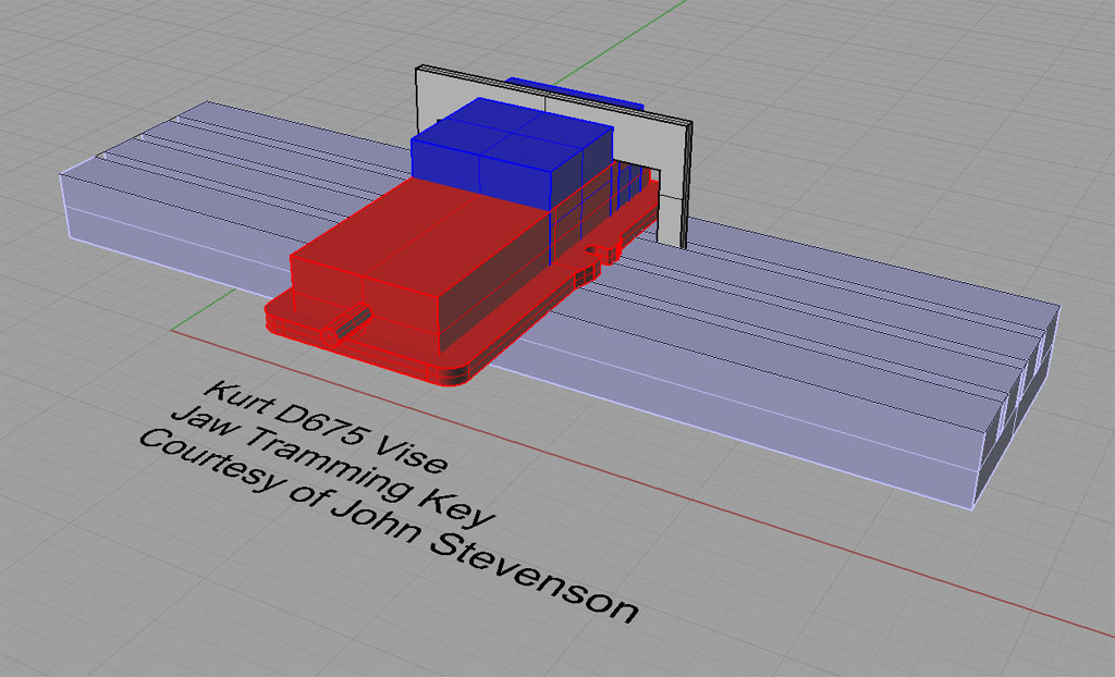 A 3D red and blue jaw tramming key model with detailed measurements.