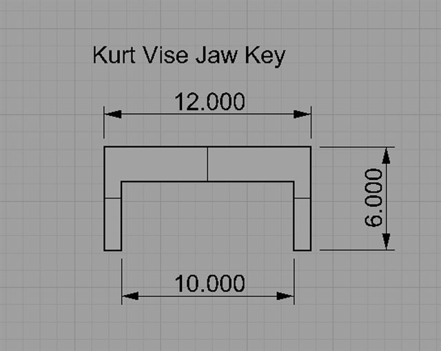 Technical illustration of Kurt Vise Jaw Key dimensions on gray background with gridlines.