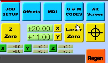 Laser Controls Mach 3 interface screenshot with button grid featuring JOB SETUP, Offsets, MDI, G & M CODES.