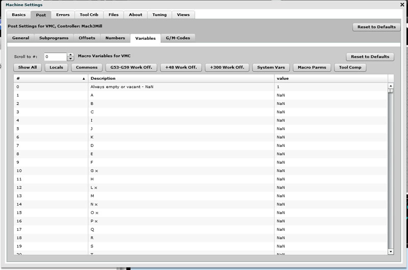 VMC controller macro variables settings page screenshot.