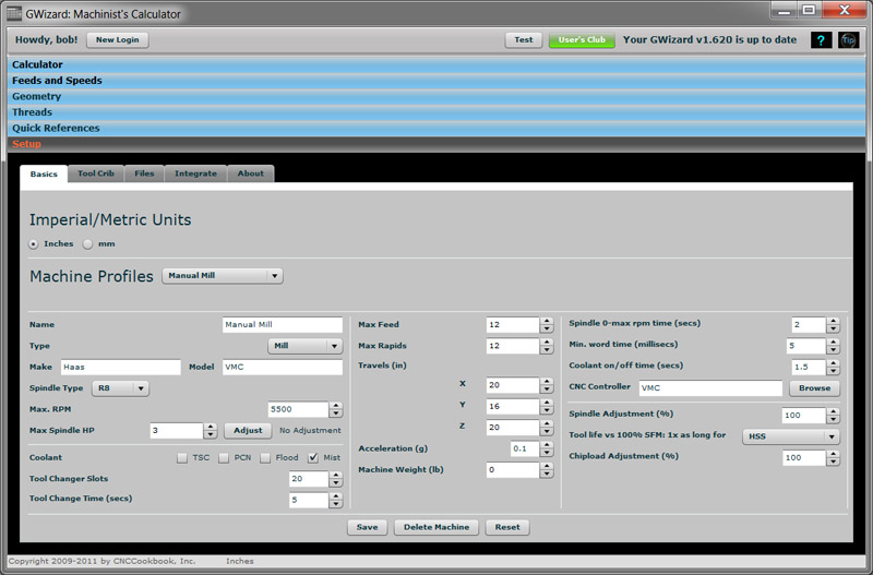 Manual Mill Setup page in GWizard Machinist's Calculator.